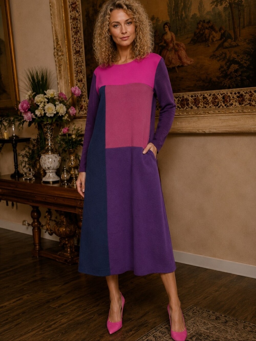 Vintage Leslie Fay Colorblock Midi Dress Purple Pink Blue Size 12